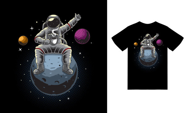 宇航员坐着，而持有咖啡杯插图与t恤设计溢价矢量图片下载