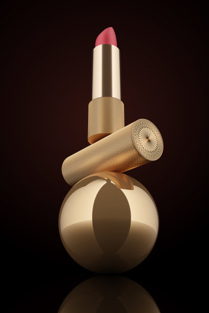 3d插图时尚口红在一个镜子金球。时尚的化妆品。化妆设计背景。使用传单，横幅，传单模板的广告。图片下载