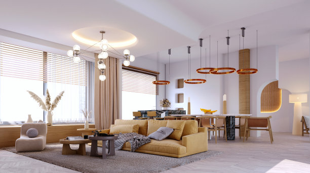 3d渲染，3d插图，室内场景和模型，室内渲染，斯堪的纳维亚风格的设计客厅与木材和混凝土白墙。图片下载