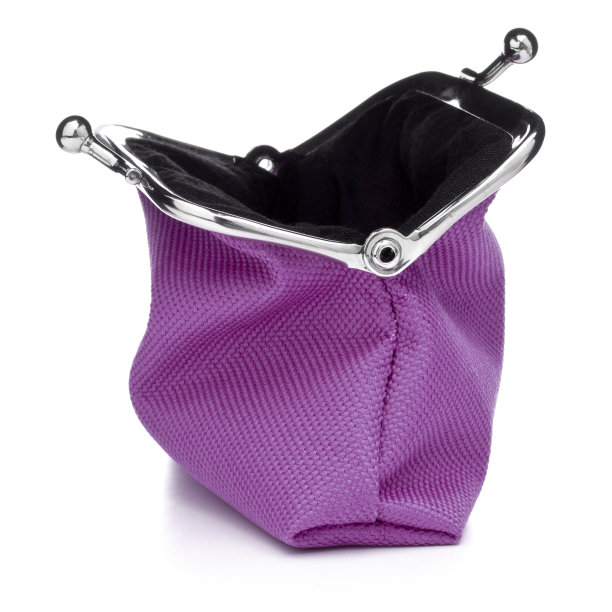 淡紫色的现金钱包孤立在白色背景。电荷的钱包。打开空硬币钱包..图片下载