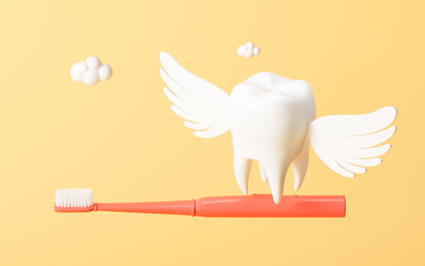 粉色牙刷上有带翅膀的牙齿，3d渲染。图片下载