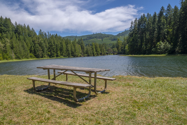 美国俄勒冈州瀑布溪水库湖畔的野餐桌图片下载