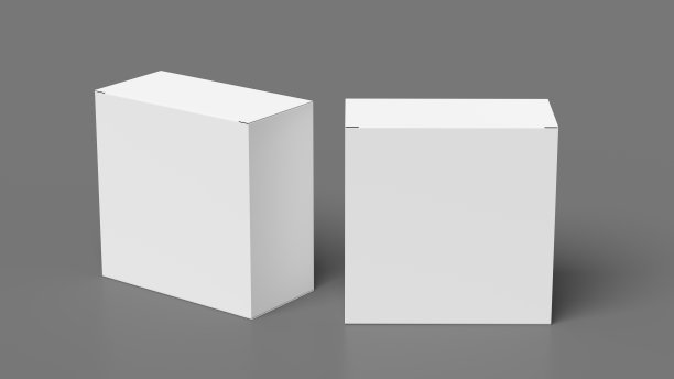 两个方盒子做模型。白色礼品盒在灰色的背景。前视图。图片下载