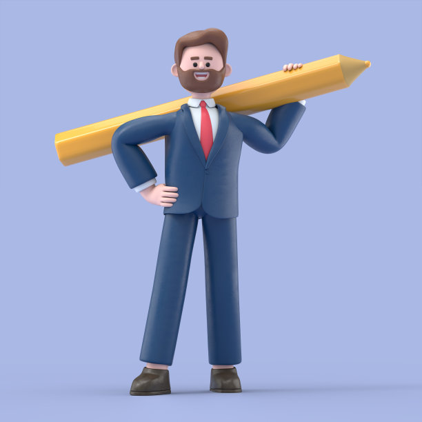 3D插图微笑商人鲍勃拿着一支大铅笔。可爱的卡通文字，巨大的钢笔，蓝色背景的3D渲染。图片下载