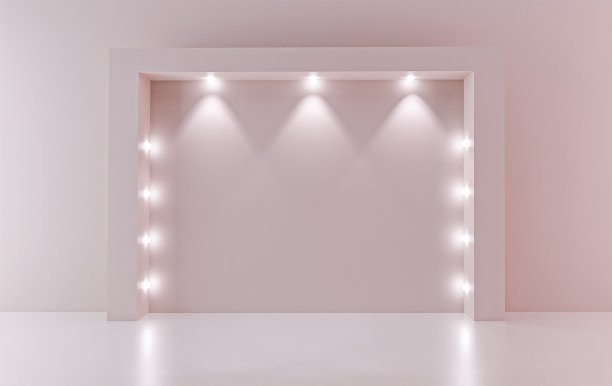 米色的展示台、舞台、领奖台被探照灯照亮。基座与照明投影仪。光源,照明灯。概念产品。显示平台。3 d渲染图像图片下载