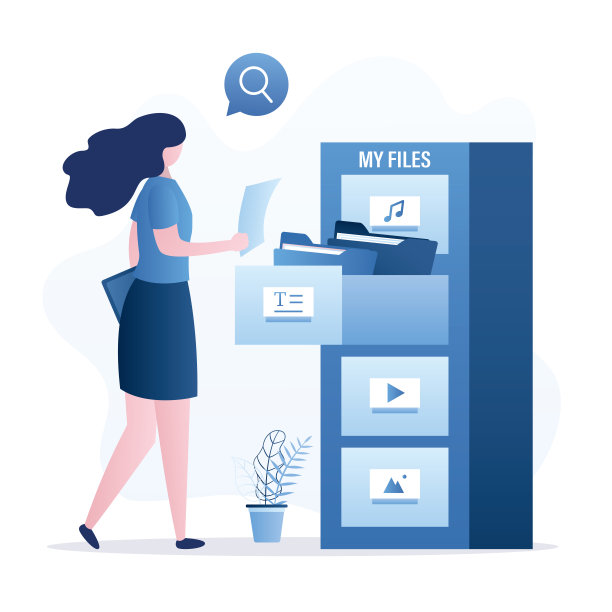文件管理。快速搜索文件或媒体内容。文档归档，数据存储。女商人或职员和大型数据库。托管系统、云服务。打开有文件夹的抽屉。图片下载