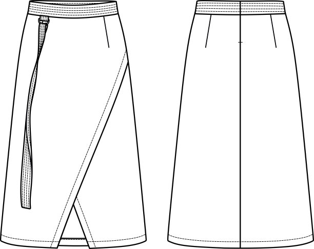 矢量包裹中长裙与配件技术图纸，模板，平，素描。长裙时尚CAD与腰带和针脚细节。针织或梭织裙，正面，背面，白色图片下载