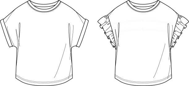 矢量圆领上衣时尚CAD，女子2和平套装t恤技术图纸，短袖上衣带褶边平，模板，草图。针织或梭织上衣，有正反两面，白色图片下载