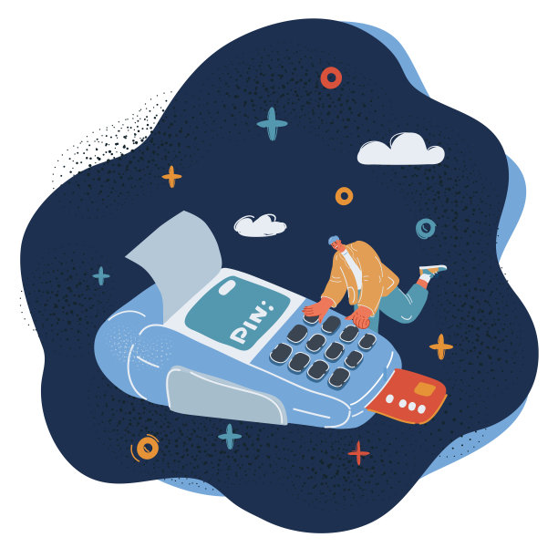 移动支付槽POS的卡通矢量图。人在POS上推泡泡图片下载