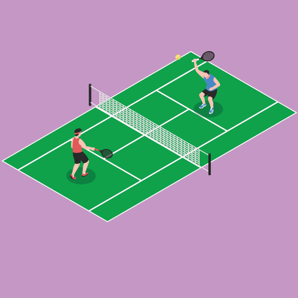 两名男子在球场上打网球，在等距三维矢量上比赛图片下载