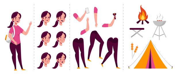 创作动画女露营者和露营装备人物模板图片下载
