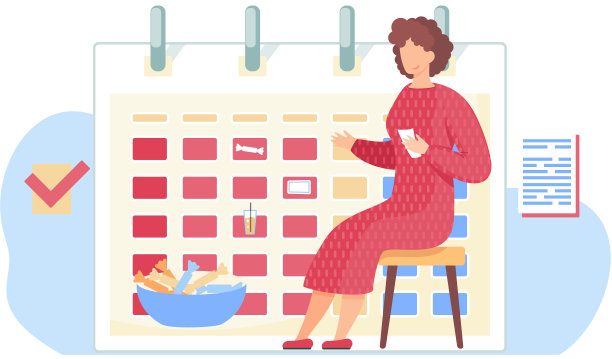 穿红衣服的女孩手里拿着卡片坐着。背景上有时间表或日历图片下载