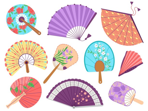 手持风扇设置。日本黄扇，亚洲纪念品收藏。彩色装饰扇，中国文化节纸配件体面矢量剪纸图片下载