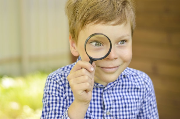一个小男孩用放大镜探索自然。好奇的孩子们在森林里度过暑假。徒步旅行。未来的科学家植物学家图片下载