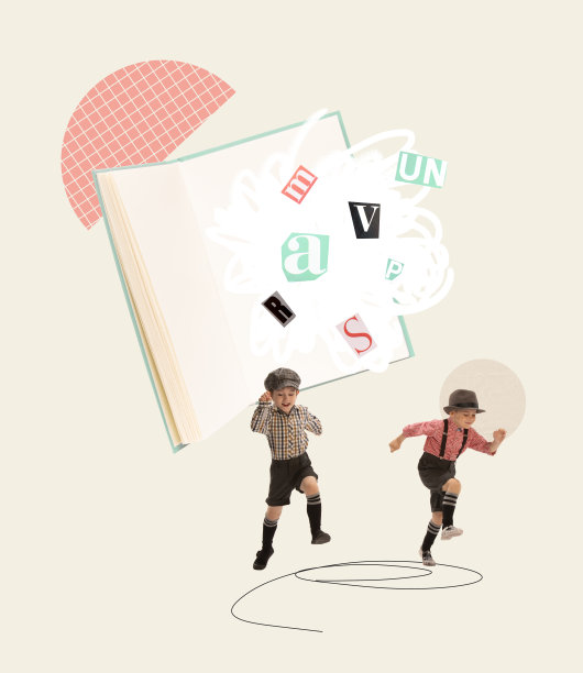 当代艺术拼贴。顽皮的小男孩，学生们从打开的书本上跑开。逃避阅读作业图片下载