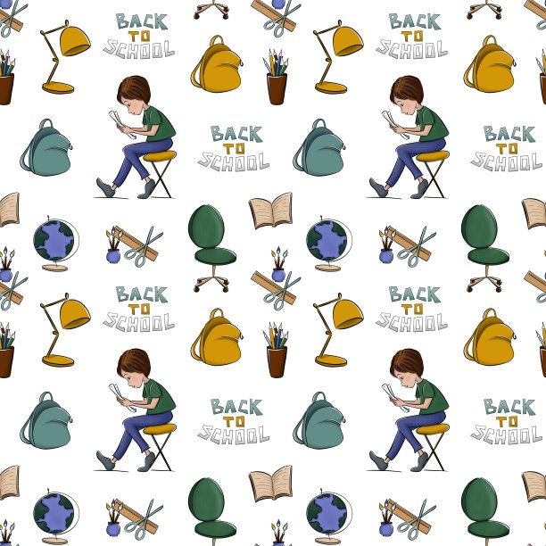 无缝图案与学校用品和学生女生。书包，剪刀，铅笔，地球仪，书，画笔，台灯，尺子，椅子。女孩是阅读。回到学校插图。准备好学习。图片下载