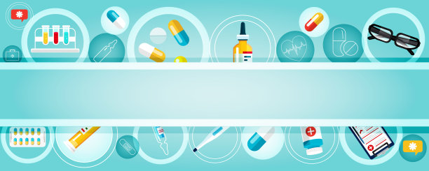 医学和保健的概念。一组医学元素和图标在彩色抽象背景与文本空间。具有平面风格的创意医学背景，可用于web应用、演示和打印。图片下载