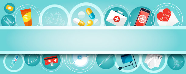 医学和保健的概念。一组医学元素和图标在彩色抽象背景与文本空间。具有平面风格的创意医学背景，可用于web应用、演示和打印。图片下载