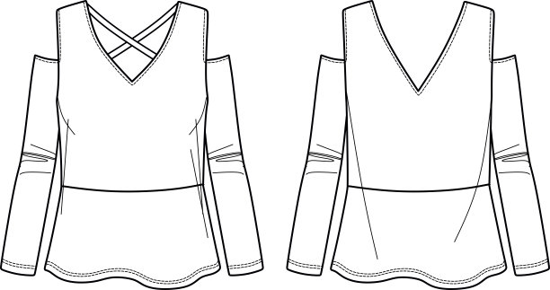 矢量裁剪长袖t恤时尚CAD，女人冬季v领上衣与闪光下摆技术图纸，模板，草图，平。针织或梭织上衣，有正反两面，白色图片下载