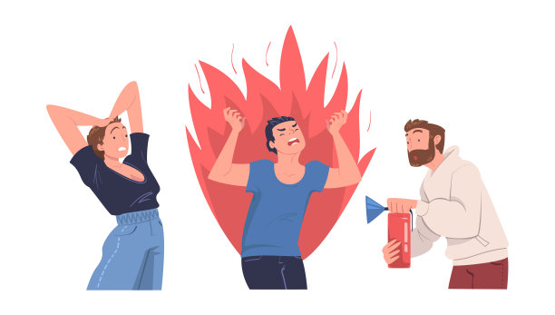 男人角色灭火燃烧愤怒大喊的人矢量插图图片下载