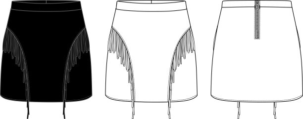 矢量迷你裙时尚CAD，女人流苏详细裙技术图纸，草图，模板，平。平纹，梭织，皮革或麂皮裙，正面，背面，白色图片下载