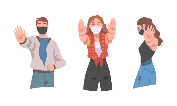 面罩中的男人和女人显示停止病毒标志，并设置了手矢量插图图片下载