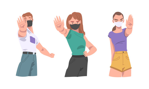 面罩中的男人和女人显示停止病毒标志，并设置了手矢量插图图片下载
