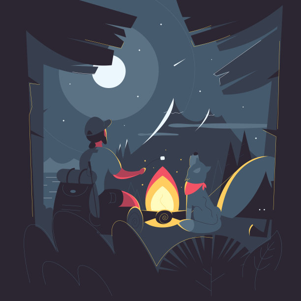一个男人和一条狗坐在森林里的篝火旁。露营和旅行矢量插图图片下载