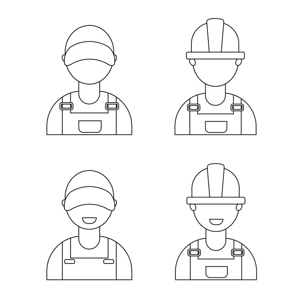 一组不同的男性工人在线条风格。维修服务，技工车间。矢量插图。图片下载