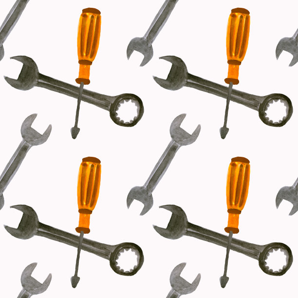 无缝水彩图案工具灰色扳手和螺丝刀。图片下载