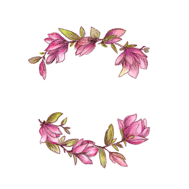 花环。花卉框架与粉红色木兰。水彩花的贺卡装饰。婚礼邀请花设计。图片下载