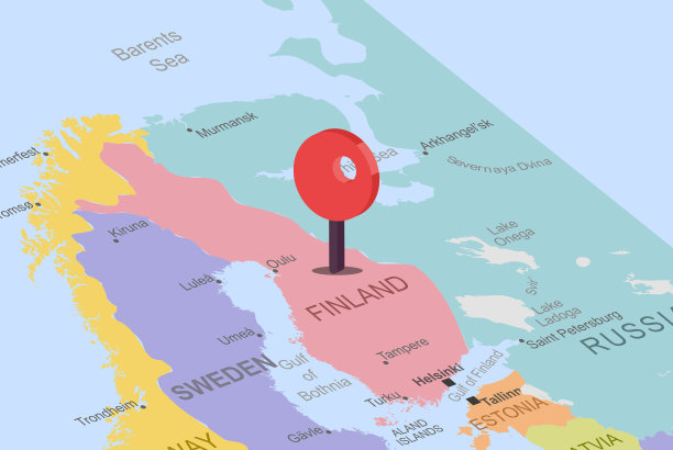 芬兰与红色位置占位符在欧洲地图上，接近芬兰，彩色地图与位置图标，旅行的想法，度假的概念图片下载