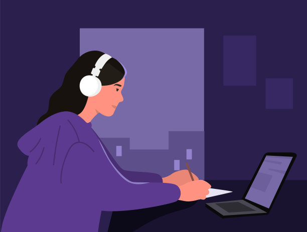 工作的女孩。深夜学习。戴着耳机和笔记本电脑的女人。向量图片下载