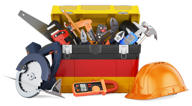 工具箱上画着德国国旗。服务、维修、施工在德国，理念。三维渲染图片下载