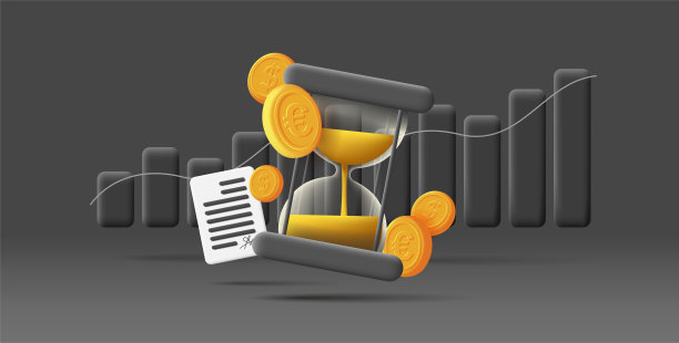 3d插画沙钟与合同文件和金色硬币，黑色卡通风格图片下载