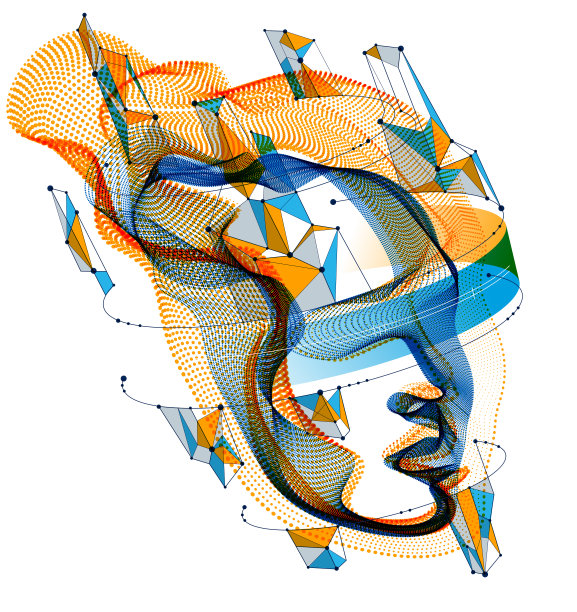 数字软件机器灵魂的未来主义思想，技术官僚时代演变的精神时期，点状粒子流阵列制作的人头矢量插图。图片下载