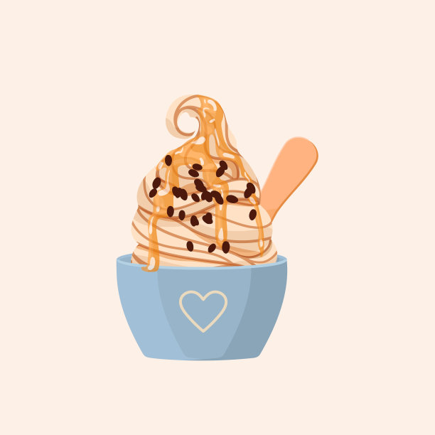 冰淇淋杯。奶油布丁口味的巧克力片和焦糖分离在米色背景。夏季矢量甜品插画图片下载
