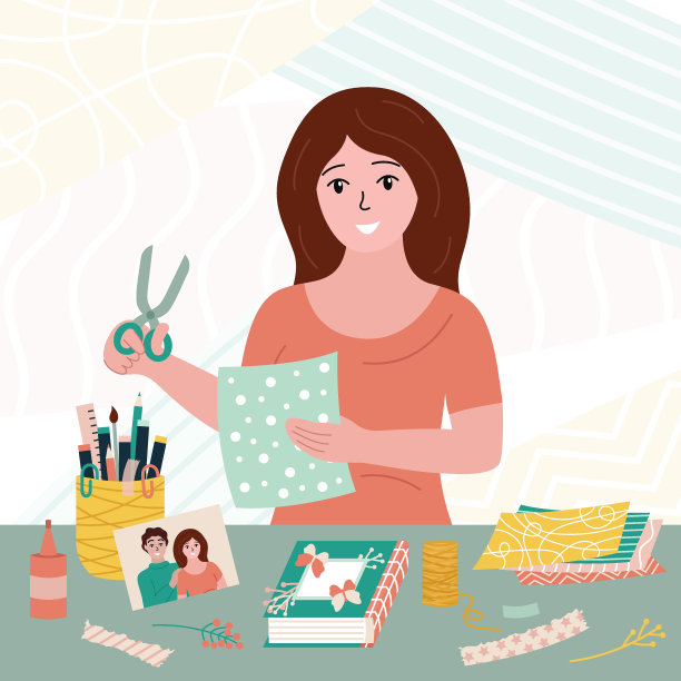 剪贴簿的爱好。手工艺品的女人。剪贴簿车间。手工制作的装饰。微笑的女孩用剪刀剪牛皮纸和装饰画册。平面向量插图图片下载