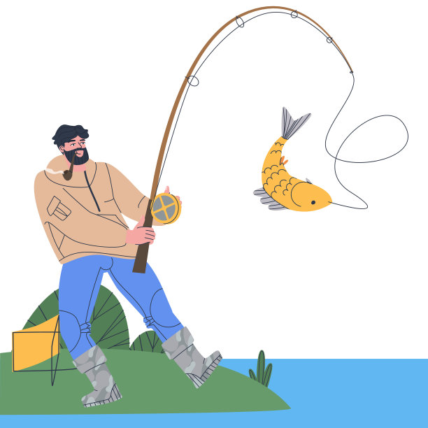 钓鱼。一个人在池塘里用鱼饵钓到了一条大鱼。祝钓到金鱼好运。时髦的平面矢量插图。图片下载