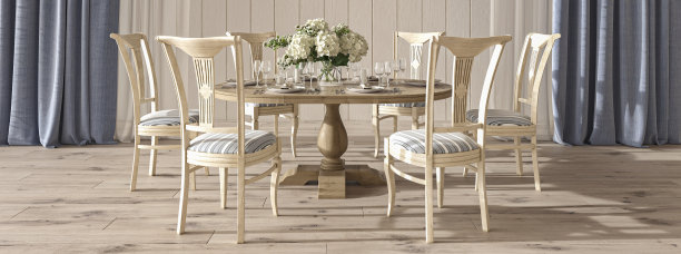 滨海设计婚房内部配有餐桌。模拟白墙在美丽的房子背景。汉普顿风格的3d渲染插图。图片下载