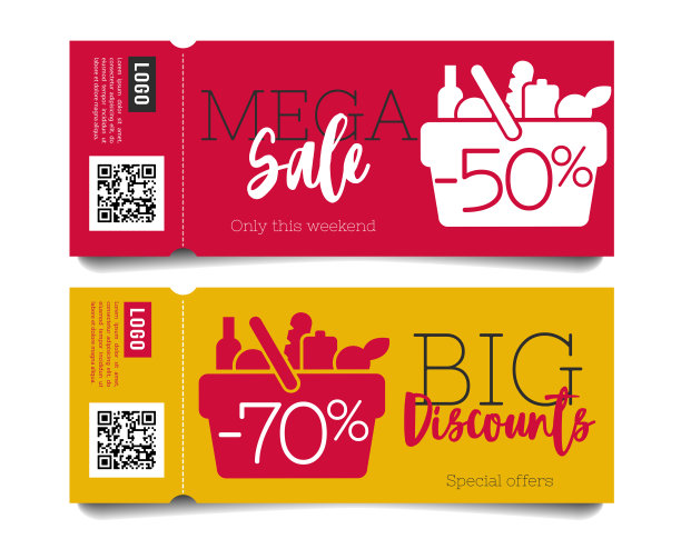 杂货店或超市的销售传单或入场券与市场购物篮的象形文字充满了膳食和食品，简单现代的图形与百分比折扣，mega大甩卖图片下载