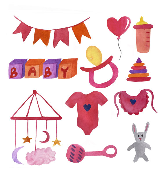 一套水彩插图与元素的一个女婴。一套儿童物品插图图片下载