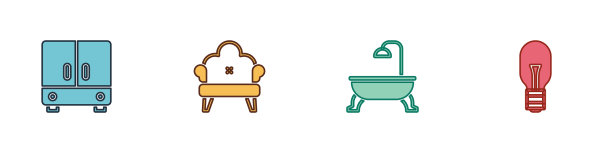 设置衣柜沙发浴缸和灯泡图标图片下载