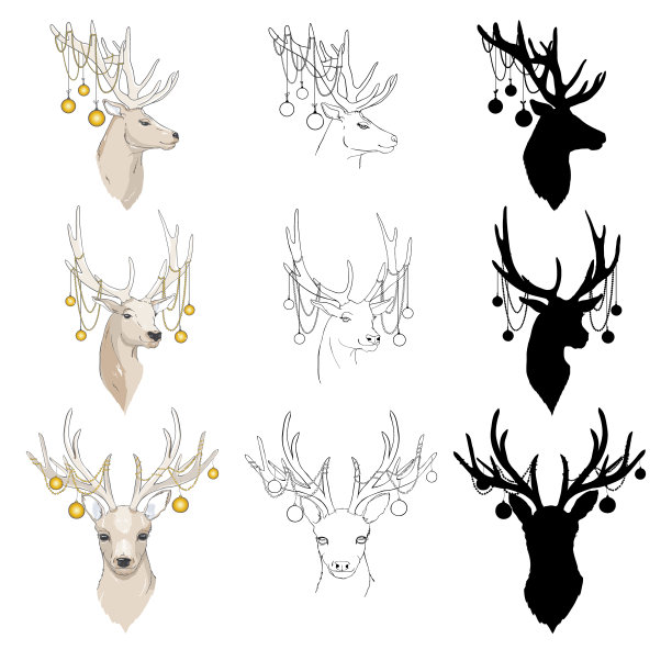 一套麋鹿轮廓线孤立或标志图片下载