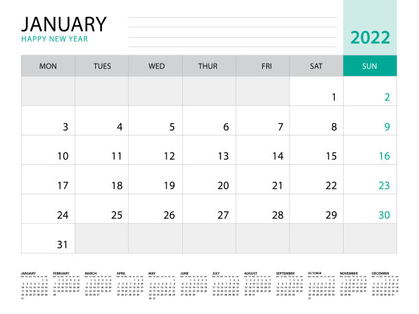 2022年1月-日历2022模板图片下载
