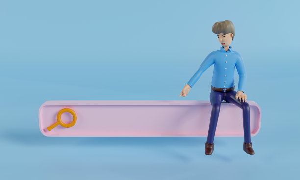 卡通商人用手指按搜索栏图标或放大镜符号，导航搜索浏览器，搜索按钮上有彩色背景。3 d渲染。图片下载