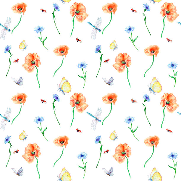 夏天花田与蜻蜓和蝴蝶水彩无缝图案上的白色。图片下载