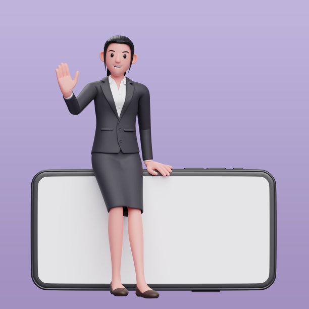 商务女性在正式的西装随意坐在一个大景观电话和挥手，3d插图的商务女性在西装黑色裙子拿着电话图片下载