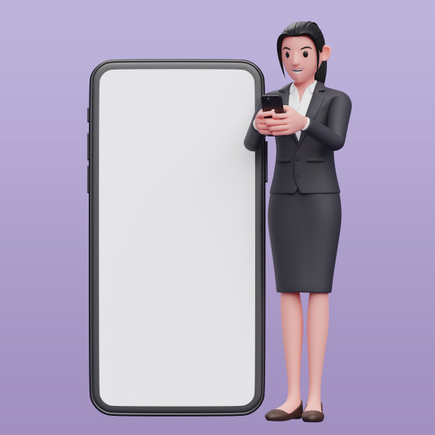 商务女性在正式西装打字短信的手机，一个商业女性在西装黑色裙子拿着手机的3d插图图片下载