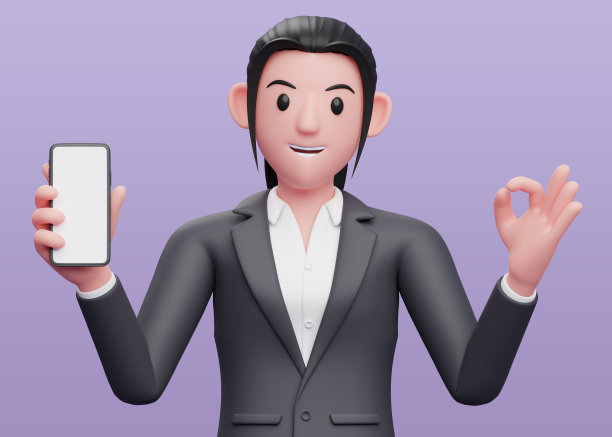 肖像商务女性在正式西装给ok手指和拿着手机，肖像3d插图的商务女性在西装拿着手机图片下载